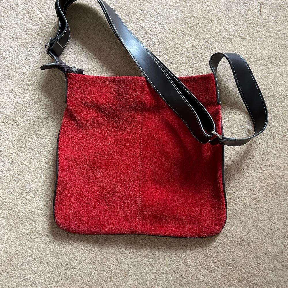 Red suede crossbody 10” by 11”. Flat style by Old Navy